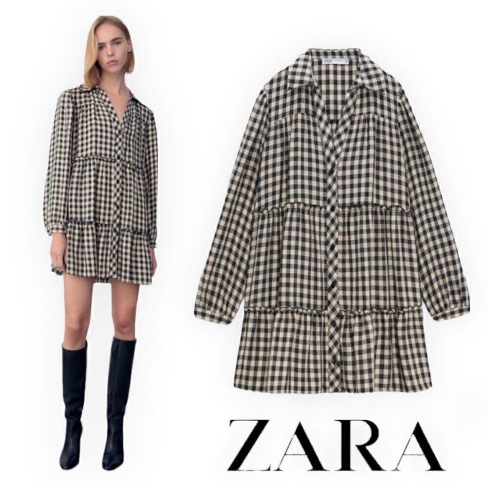 ZARA Black Ecru Plaid Tiered Shirt Mini Dress Size S NWT 3564/053